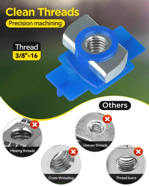 Nylon Channel Squeeze Nut For Strut Channel Three Eighths Inch Thickened Cone Nut With Sixteen Thread 30 Pack, blue and silver.