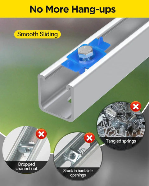 Durable nylon channel squeeze nut and bolt set delivers fast, tool free positioning for American channel systems, sliding.