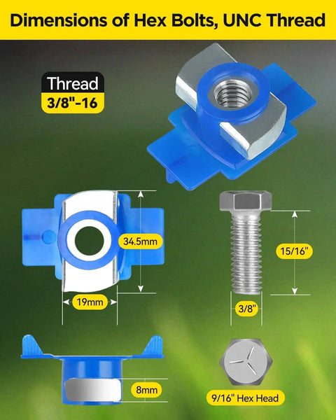 Durable nylon channel squeeze nut and bolt set with 9/16 hex head, 3/8-16 threads, 8mm thick cone nuts for channel systems.