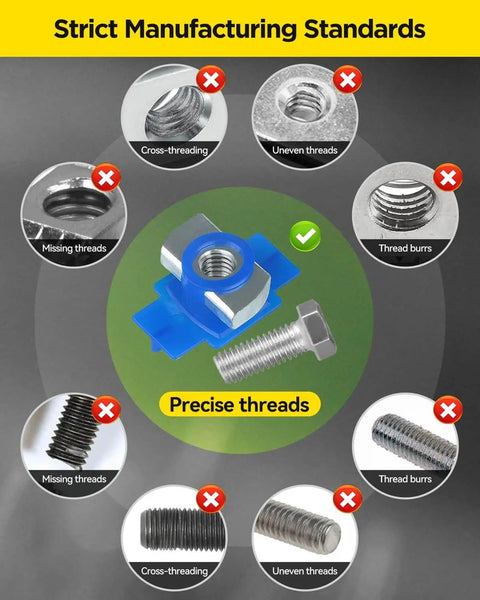 Durable nylon channel squeeze nut and bolt set delivers fast, tool free positioning for American channel systems, precise threads diagram.