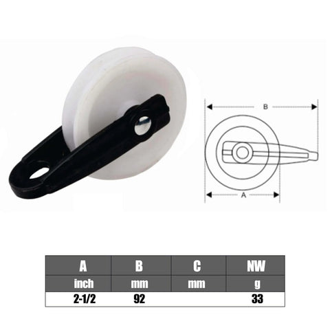 2 PCS Nylon Clothesline Pulley, 2-1/2-inch Diameter Nylon Pulley diagram showing dimensions and detailed view