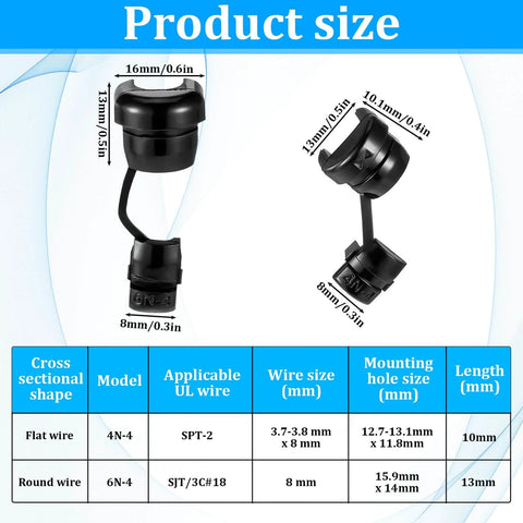 Product size dimensions of 40 Pack Nylon Strain Relief Cord Connectors for Power Cables with round grommets and nylon insulation.