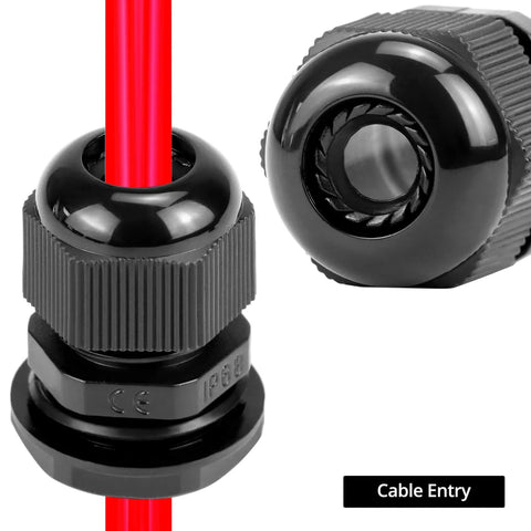Close-up of black 1/2 Inch NPT Nylon Cord Grip Cable Glands Waterproof IP68 Strain Relief Pack Of 20 with cable entry