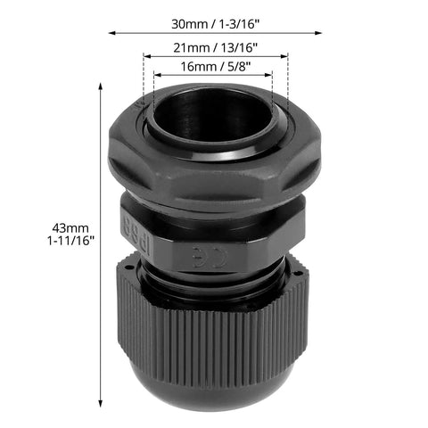 1/2 Inch NPT Nylon Cord Grip Cable Glands Waterproof IP68 Strain Relief Pack Of 20 Black with dimensions shown