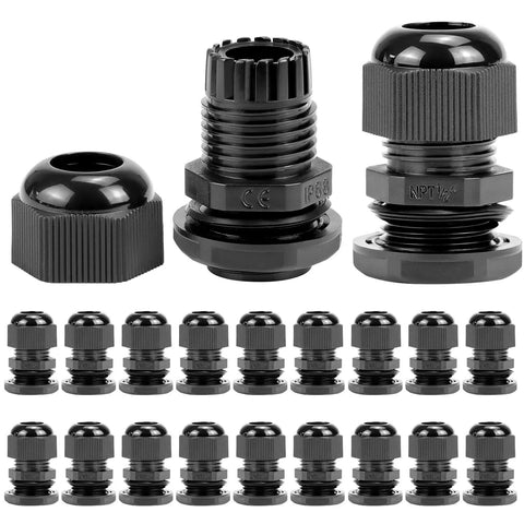 1/2 Inch NPT Nylon Cord Grip Cable Glands Waterproof IP68 Strain Relief Pack Of 20 Black for panels and gear installation
