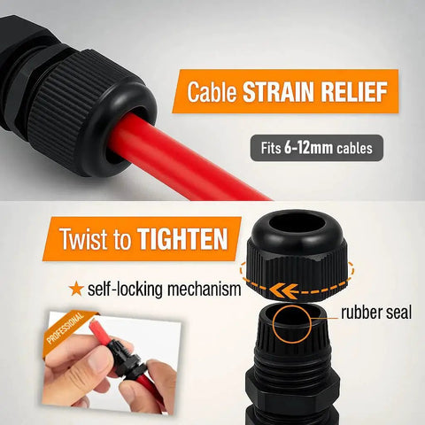 Half Inch NPT Strain Relief Nylon Cord Grip Cable Gland Black Plastic Grommet for 6-12 mm cables with tightening instructions