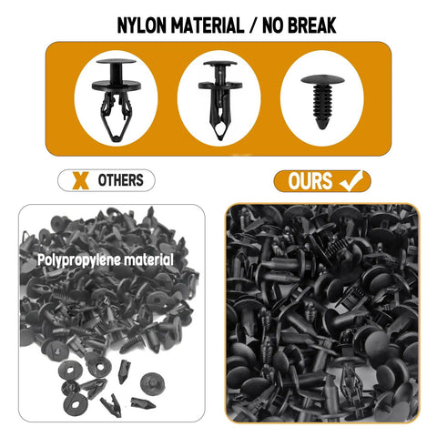 3 In 1 GM Fender Liner Clips And Push Pin Kit 40 Pc Replacement Fasteners For Inner Wheelwell Bumper And Under Hood Panels Directly Replaces OEM 11589292 A20991 21030249 On GMC Buick Trucks black nylon and polypropylene fasteners comparison