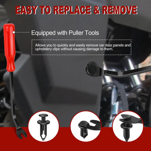 8mm Nylon Fender Fasteners For UTV ATV 200 Pcs Push Clips With Rivet Removal Tool shown with puller tool and fasteners