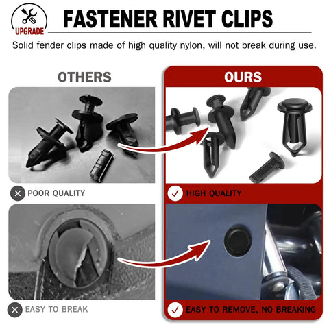 Comparison image showing 8mm Nylon Fender Fasteners For UTV ATV 200 Pcs Push Clips With Rivet Removal Tool Replacement Rivets.