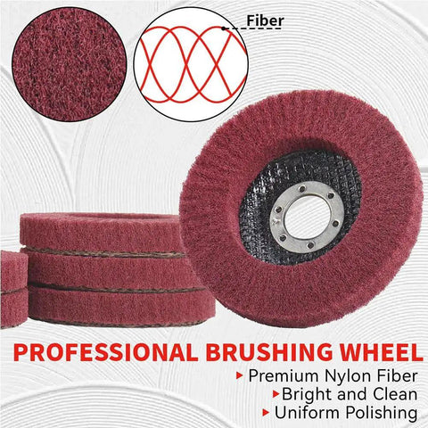 Professional brushing wheel made from premium nylon fiber shown with close-up of textured surface.