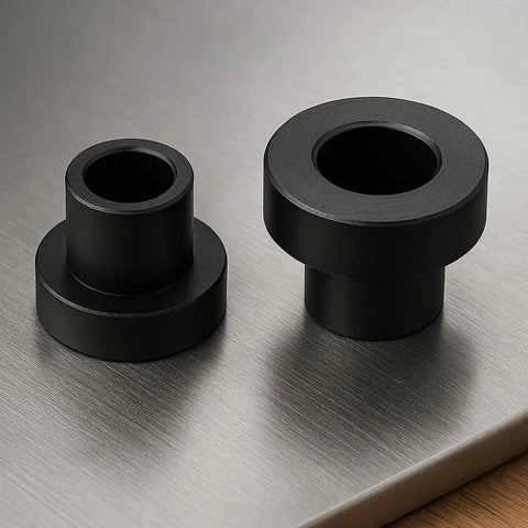 Nylon Flanged Sleeve Bearings 10mm Bore 14mm OD 7mm Length Black 25 Pieces Plastic Shaft Bushings For Motors And Gearheads DIYers And Makers Wear Resistant Corrosion Resistant Flange Diameter 20mm Sealed And Insulated side view.