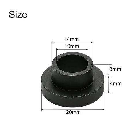 Diagram of black Nylon Flanged Sleeve Bearings 10mm Bore 14mm OD 7mm Length with 20mm flange diameter.