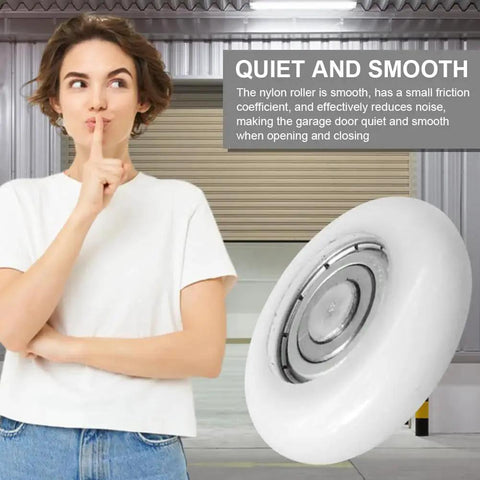 Two Pack White Nylon Garage Door Rollers With 1.8 Inch Wheel Diameter And 4.72 Inch Overall Wheel Length, Quiet High Load Replacement Wheels shown with a person gesturing for quietness