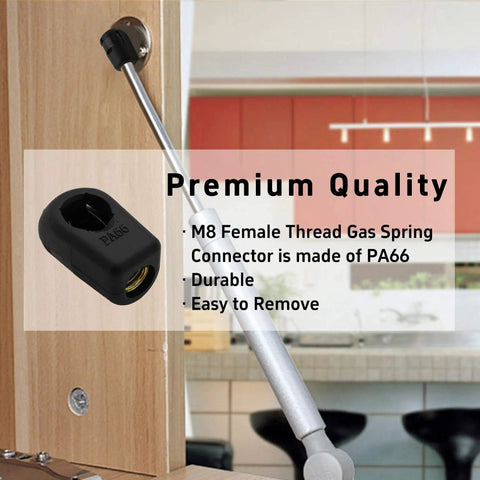 4 Pack Gas Strut End Fittings For 10Mm Ball Socket With M8 Thread Nylon Lift Support Joint Connector Black Straight Detachable Shock Absorber Ideal For Automotive Applications Great For Fast Install And Heavy Duty Use, shown in use on a cabinet door with illustration details.