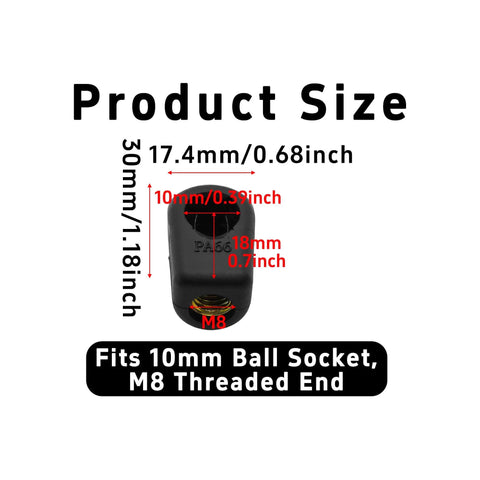 Front view of 4 Pack Gas Strut End Fittings For 10Mm Ball Socket With M8 Thread Nylon Lift Support Joint Connector Black