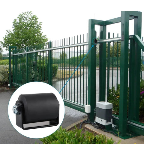 2 Pcs Slide Gate Guide Roller Kit With C Bracket For 3 Inch Rolling Gates Nylon Sliding Gate Roller Assembly in use
