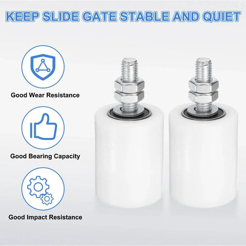 Front view of two white four nylon gate guide rollers for sliding doors, two inch diameter, with M12 by 35 40 mm thread.
