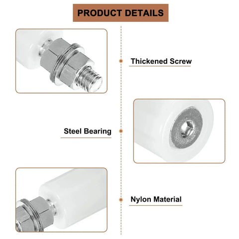 Close-up of 4 Pack Slide Gate Guide Rollers Nylon Bearing Wheels For Sliding Gates And Doors, showing steel bearing and screw.