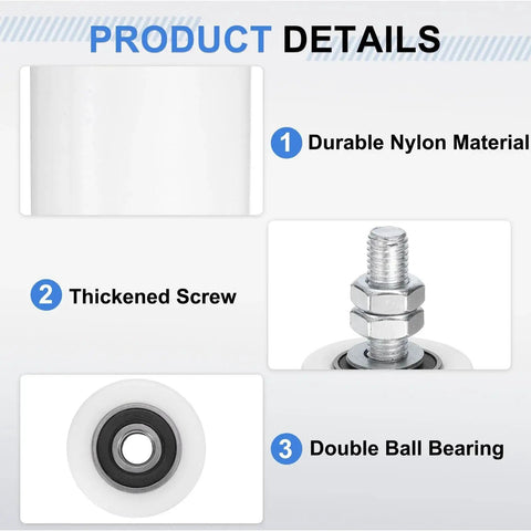 Four Nylon Gate Guide Rollers For Sliding Doors, Two Inch Diameter And Two And Three Eighths Inch Length, M12 By 35 40 Mm Thread, Universal Sealed Ball Bearing, featuring durable nylon material and thickened screw detail.