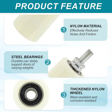 Slide Gate Guide Roller Set 4.7 Inch By 2 Inch With L Shape Brackets highlighting steel bearings and nylon material.