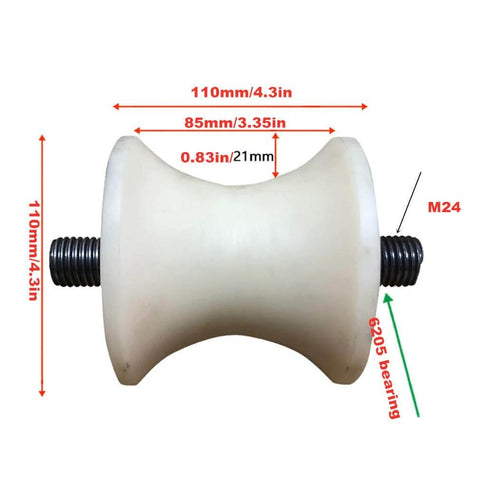 Heavy duty U-groove pulley wheel for inverted track systems, nylon wheel, steel frame, side view, M24, 6205 bearing