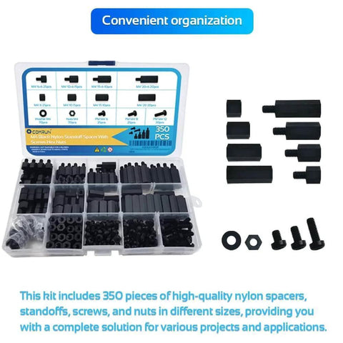 350 Piece M2.5 Black Nylon Hex Spacer Standoff Kit With Male And Female Nuts And Screws For PCB and electronics projects.