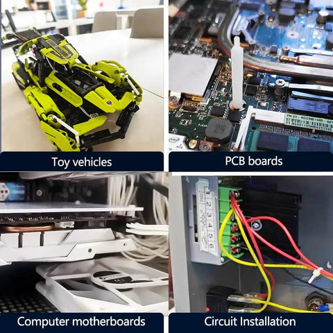 Collage of toy vehicle, PCB board, computer motherboard, and circuit installation showing Dope M3 Hex Spacers Standoffs Kit in use.