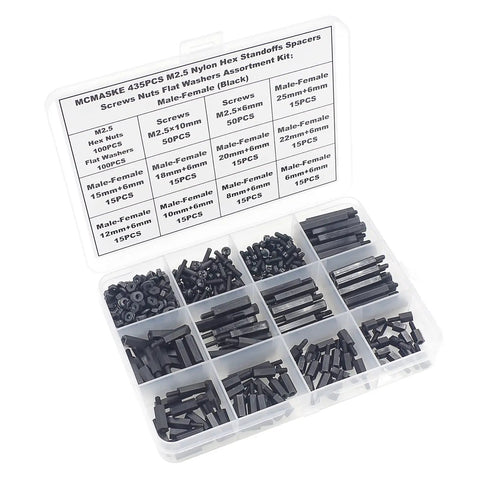 M2.5 Nylon Hex Standoffs Spacers Kit With Screws Nuts And Washers, 435 Pieces, Black, Metric M2.5 Fastener Assortment in box