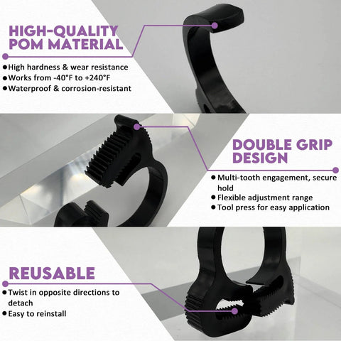 Plastic Hose Clamp 1.25 Inch Outer Diameter Heavy Duty Double Grip Nylon Hose Clamps With Snap Ratchet Adjustable Secure Fit visible in three views.