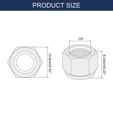 Diagram of 1/4 Inch Nylon Insert Hex Lock Nuts 1/4-28 Self Locking Stop Nuts with measurements, carbon steel, white finish.