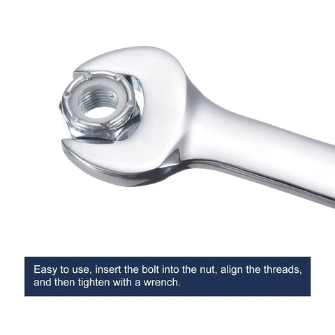 Close-up of 1/4 Inch Nylon Insert Hex Lock Nut on a wrench, carbon steel, white finish. Industrial construction fastener with durable nylon insert.