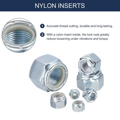 1/4 Inch Nylon Insert Hex Lock Nuts 1/4-28 Self Locking Stop Nuts For Industrial Construction Fasteners, Carbon Steel, White Finish, 20 Pack