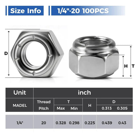 Image showing dimensions and specifications of 100 Pack 1/4-20 Nylon Insert Lock Nuts for industrial use