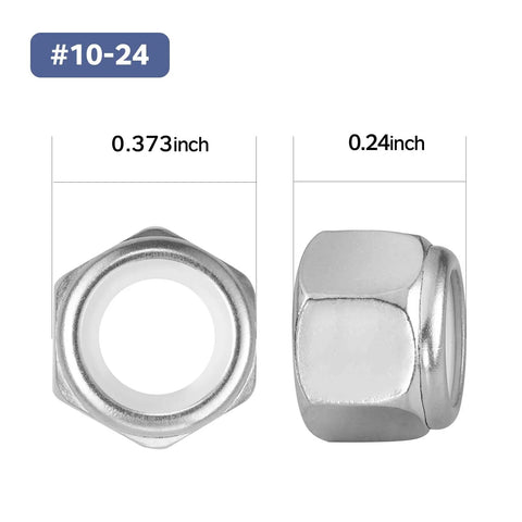 Lock Nut Set 50 Pieces Nylon Insert Lock Nuts No 10 24 Thread In Stainless Steel 304 18 8 Self Locking Nylock Nuts With Coarse Thread Hex For Mechanical Projects And Home Repairs BNUOK close-up showing dimensions