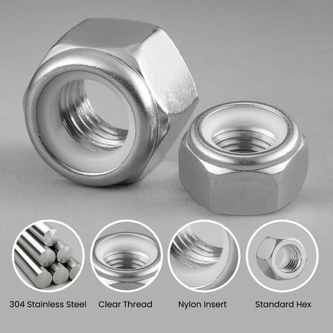 Lock Nut Set 50 Pieces Nylon Insert Lock Nuts No 10 24 Thread In Stainless Steel 304 18 8 Self Locking Nylock Nuts With Coarse Thread Hex For Mechanical Projects And Home Repairs BNUOK image showing two hex nuts with nylon inserts.