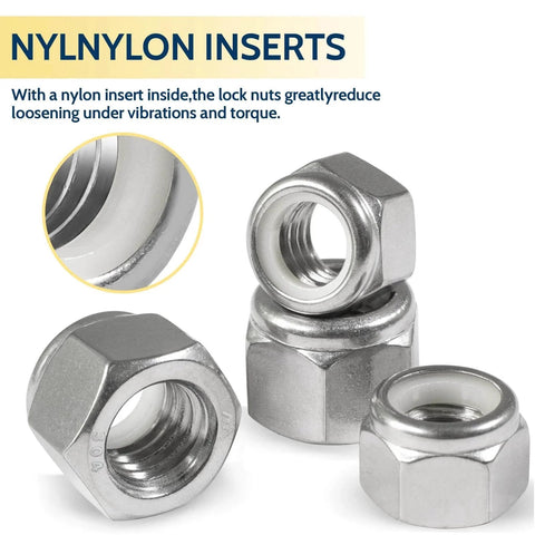 110 Pack Nylon Insert Lock Nuts One Quarter Inch 20 TPI 304 Stainless Steel Nylock Nuts shown with close-up of nylon inserts