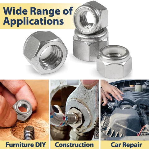 110 Pack Nylon Insert Lock Nuts One Quarter Inch 20 TPI 304 Stainless Steel Nylock Nuts shown with various applications