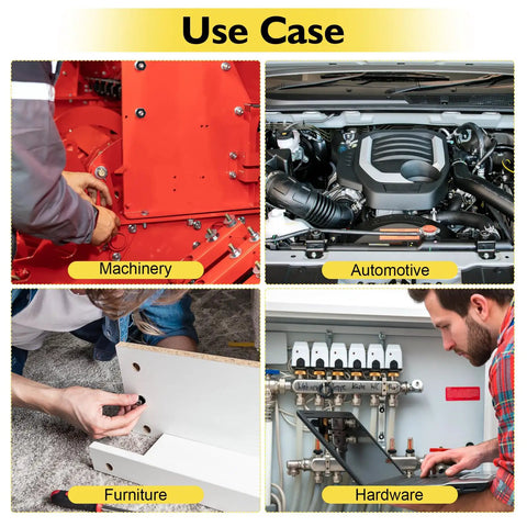 Collage showing uses of 25 Pack 1/4-20 Nylon Insert Lock Nuts Black Oxide 304 Stainless Steel A2-70 in machinery, automotive, furniture, and hardware.