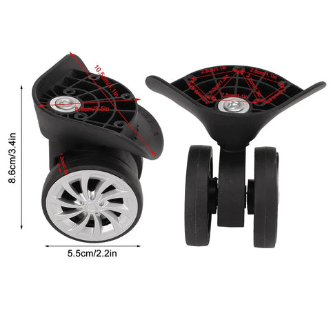 1 Pair Luggage Suitcase Replacement Nylon Casters Wheels For Trolley Travel Durable Lightweight Heat And Moisture Resistant Flame Retardant Easy To Install Luggage Maintenance Accessory showing front and side view with measurements