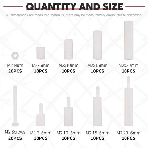 Diagram of 120 Pcs Nylon M2 Hex Spacers Standoff Assortment Kit With Nuts And Screws In Plastic Box; includes various sizes and quantities