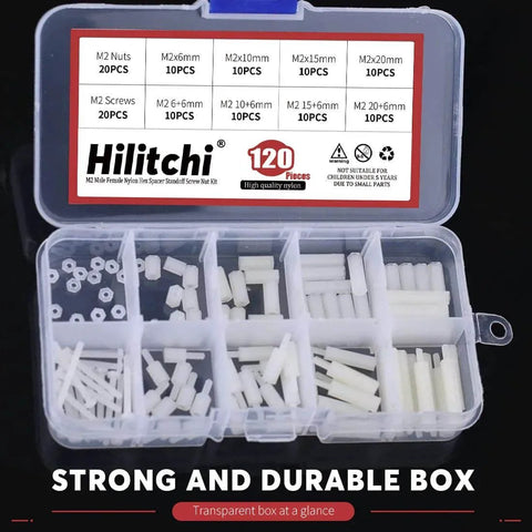 120 Pcs Nylon M2 Hex Spacers Standoff Assortment Kit With Nuts And Screws in Plastic Box, High Quality Nylon M2 Threaded Spacers for Electronics