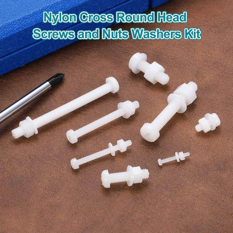 30 Piece M3x30mm Nylon PA66 Cross Round Head Bolts, Nuts, And Washers Assortment Kit for DIY machine assembly displayed with pen for scale.