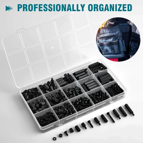 Nylon M3 Standoff And Fastener Kit with 600 pieces, including threaded pillars, nuts, screws, and spacers, organized in a case.