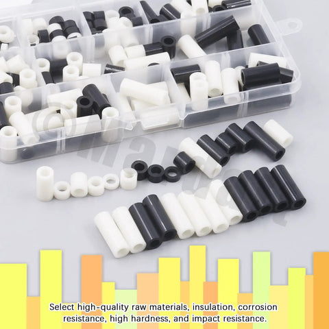 180 Piece Nylon Round Spacer Assortment Kit For M5 Screws Nine Sizes 3mm 5mm 6mm 8mm 10mm 15mm 18mm 20mm 25mm Black And White Non Threaded Spacers For Switch Receptacle And Electrical Projects 10 Pieces Per Size