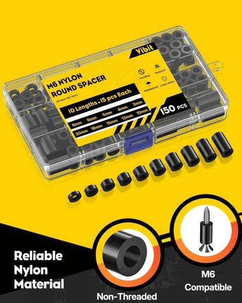 Durable Nylon Spacers For Screws 150 Piece Set M6 ID 6 Mm OD 11 Mm Ten Lengths Black Non Threaded Round Spacers packaging