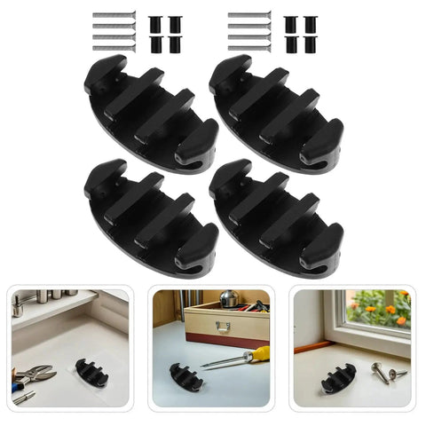 Front view: four black nylon boat rope cleats with screws for deck mounting; includes hardware.