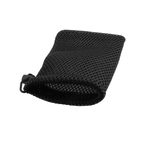 Black nylon mesh drawstring bag, 5 x 3.5 inch small storage pouch, empty, three-quarter view, close-up.