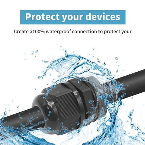 1-1/4 Inch Nylon PA66 Black Cable Glands, IP68 Waterproof, shown in use with water seal and strain relief for electrical cables.