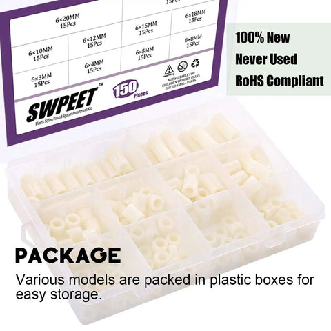 Nylon PA66 Spacer Standoff Kit 150 Pcs Non Conductive Round Spacers For M6 Screws in labeled plastic box