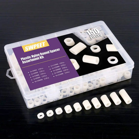 Nylon PA66 Spacer Standoff Kit 150 Pcs Non Conductive Round Spacers For M6 Screws 11mm Outer Diameter 6.2mm Inner Diameter Lengths 3-25mm case